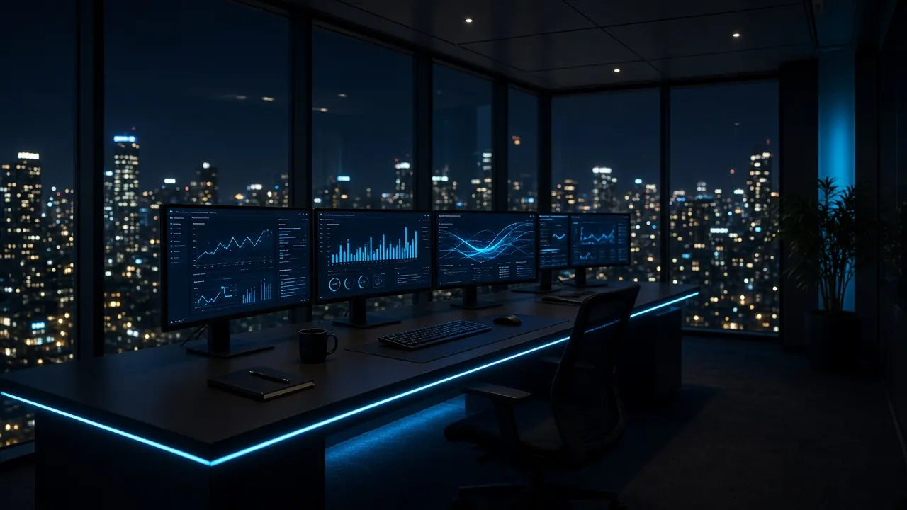 Dunkles Büro bei Nacht mit Monitoren und Stadtlichtern