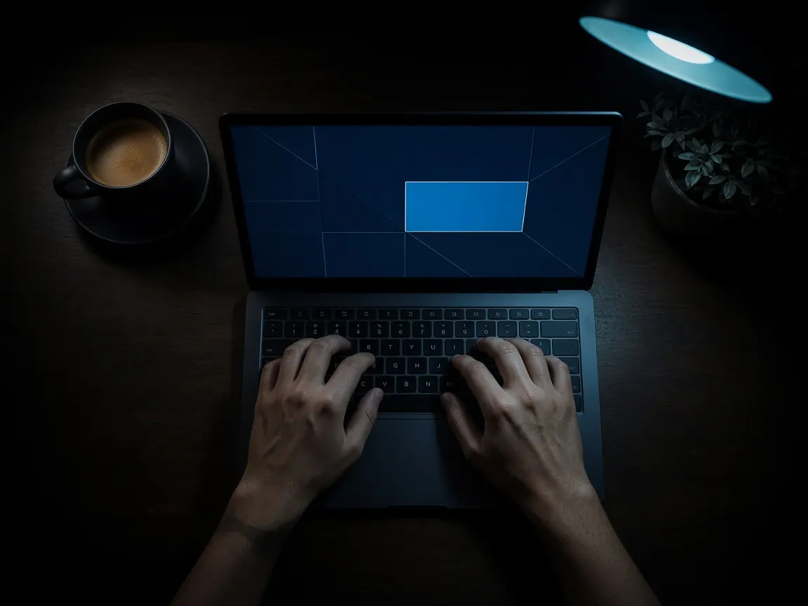 Person tippt auf einem Laptop in einem dunklen Raum