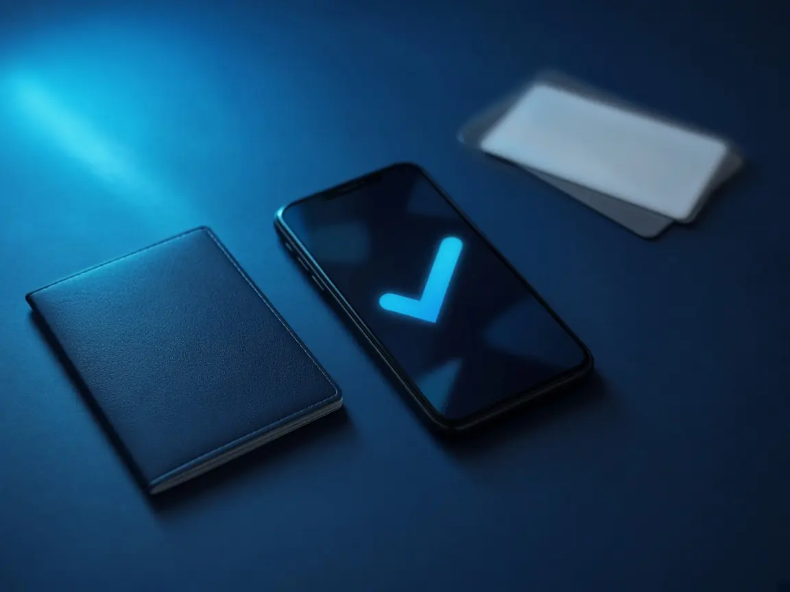 Geschlossener Ausweis und ein Handy auf einem blauen Tisch